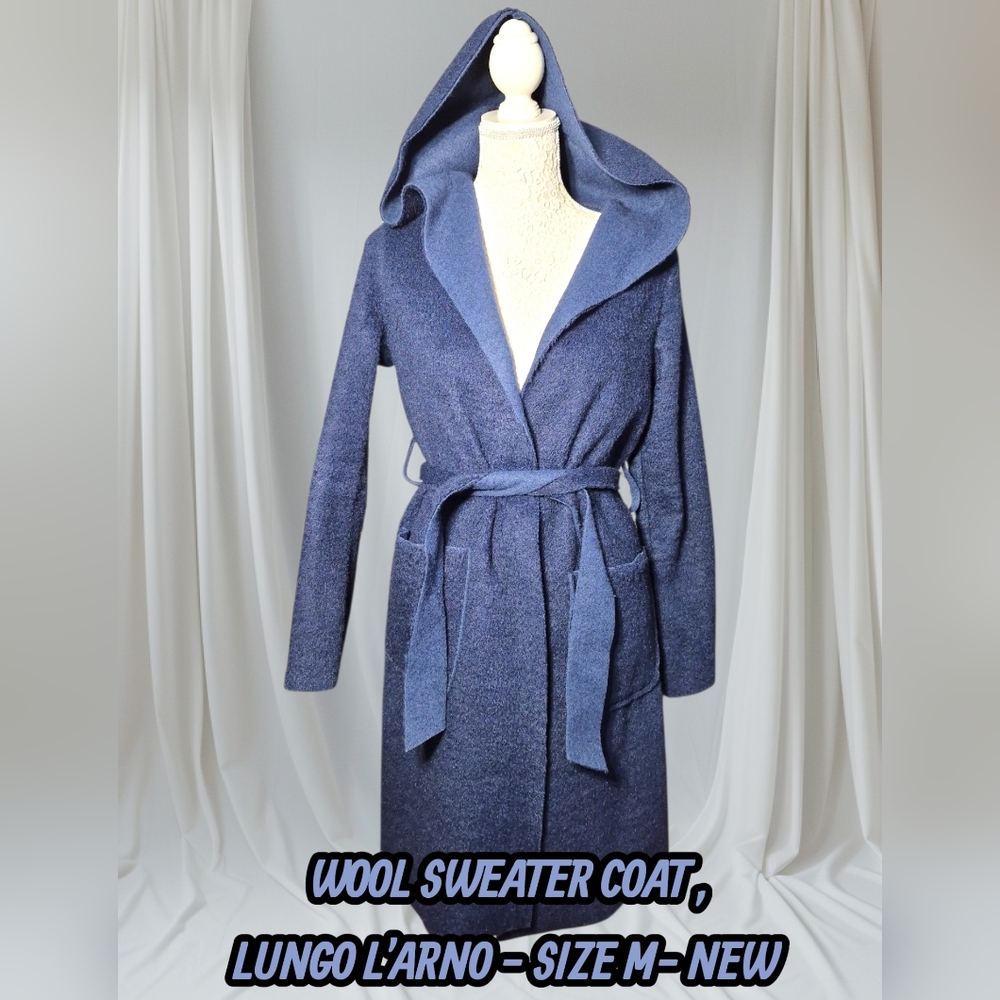 Boiled Wool Open Hooded Sweater Coat Lungo L'Arno Navy Blue - Size M - New